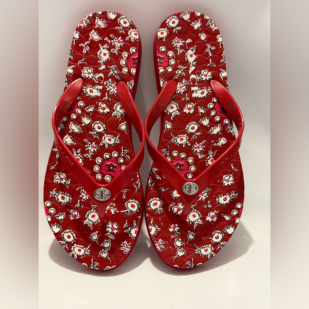 Coach Red Floral Flip Flop Sandals